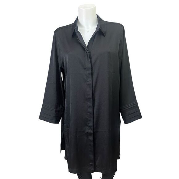 Chico's Tops - Chico’s Pleat Detail Tunic Satin Black Shirt‎ Button Up Size 2 LArge NEW srp 99$